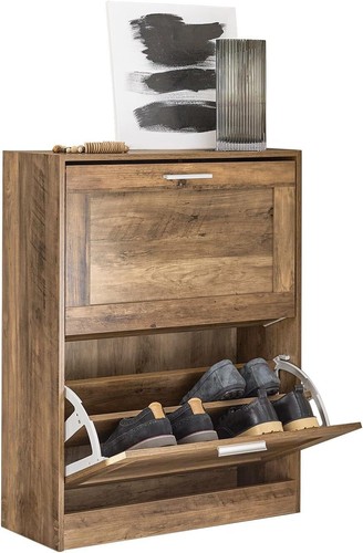Brown Shoe Storage Cabinet Entryway, Slim Freestanding Shoe Rack 2 Flip-Drawers