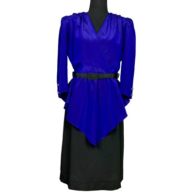 Vintage 80s Fashion Spirit Royal Blue Peplum Wrap Party Dress