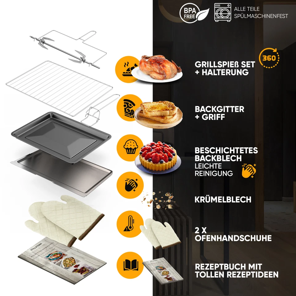 B-Ware Minibackofen mit Umluft 45L LED Display Drehspieß Mini Backofen Pizzaofen - Bild 2 von 4