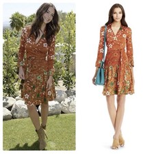 4 6 $568 NWOT Diane von Furstenberg Daisy Orange Sylvia Silk Combo Wrap Dress