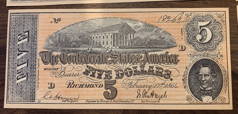 US Confederate Currency Set - $1, $5, $10, $20, $50, $100 - Vintage Facsimile - Image 4 of 4