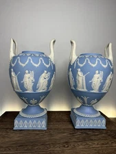 A Pair Of WEDGWOOD BLUE JASPERWARE GREEK MUSES VASE