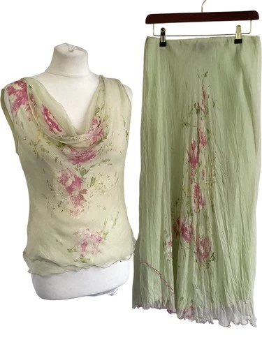 Tinto De Sogni Floral Silk Outfit Set Sleeveless Top and Skirt Size UK 12