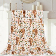 Floral pattern Highland cow plush blanket, watercolor floral cow pattern  