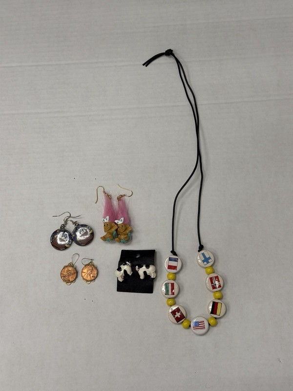 5-Piece Novelty Jewelry Lot Flags Snoopy Troll Cow Penny Earrings