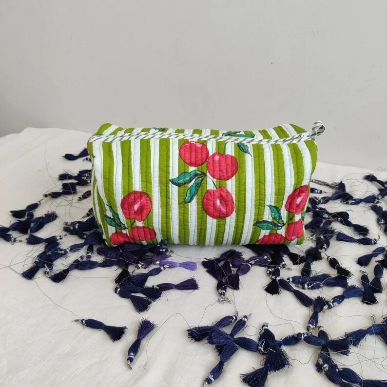 Indian Green Fruit Cotton Quilted Toiletry Purse Cosmetic Storage Bag Of 3 Pc US
