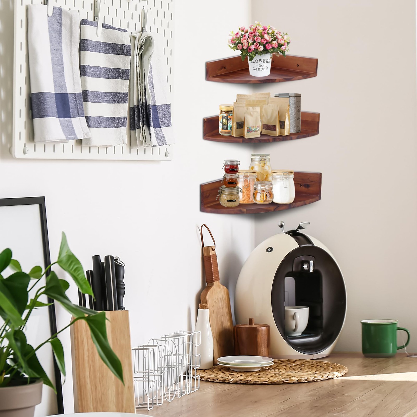 Corner Shelf Wall Mount Set Of 3 Solid Acacia Wood Round Floating Corner Shelves