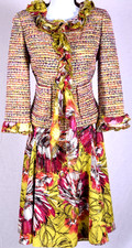 ST.JOHN Womens Green Yellow Pink Ruffle Trim Metallic Shim Jacket Skirt Sz 10-12