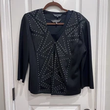 Ming Wang Black Studded Geometric Knit Sweater Cardigan Set Shell Top Small