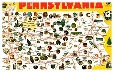 Postcard PA map - Pennsylvania map with tourist spot pictures