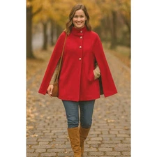 J. Peterman Red 100% Wool Cape Coat with Lion Crest Buttons Size S Military