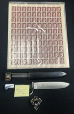 LOOK. 3 GERMAN MILITARIA ITEMS. YOUTH KNIFE, WARRIOR RING, MINT STAMP SHEET.