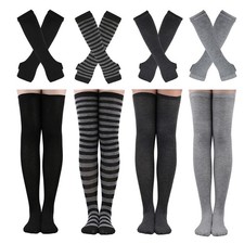 4 Sets Womens Striped Knee High Socks Long Knit Arm Warmers Fingerless Gloves...