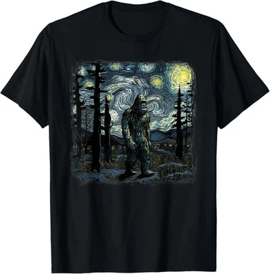Bigfoot Starry Night Sasquatch Van Gogh Sky Painting Art T-Shirt unisex Tee - Image 1 of 3