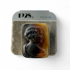 Vintage 1928 Brown Agate Glass Cameo Rectangular Brooch Pin Victorian Revival