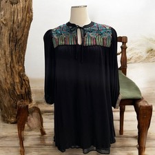 Easel Black Boho Peasant Tunic Dress Small Embroidered Festival Hippie Chic