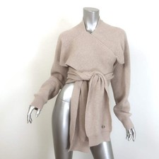 Hermes Cashmere Cropped Wrap Sweater Beige Ribbed Knit Size 42