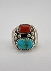Vintage Navajo Sterling Silver Natural Turquoise & Coral Stamped Ingot Mens Ring