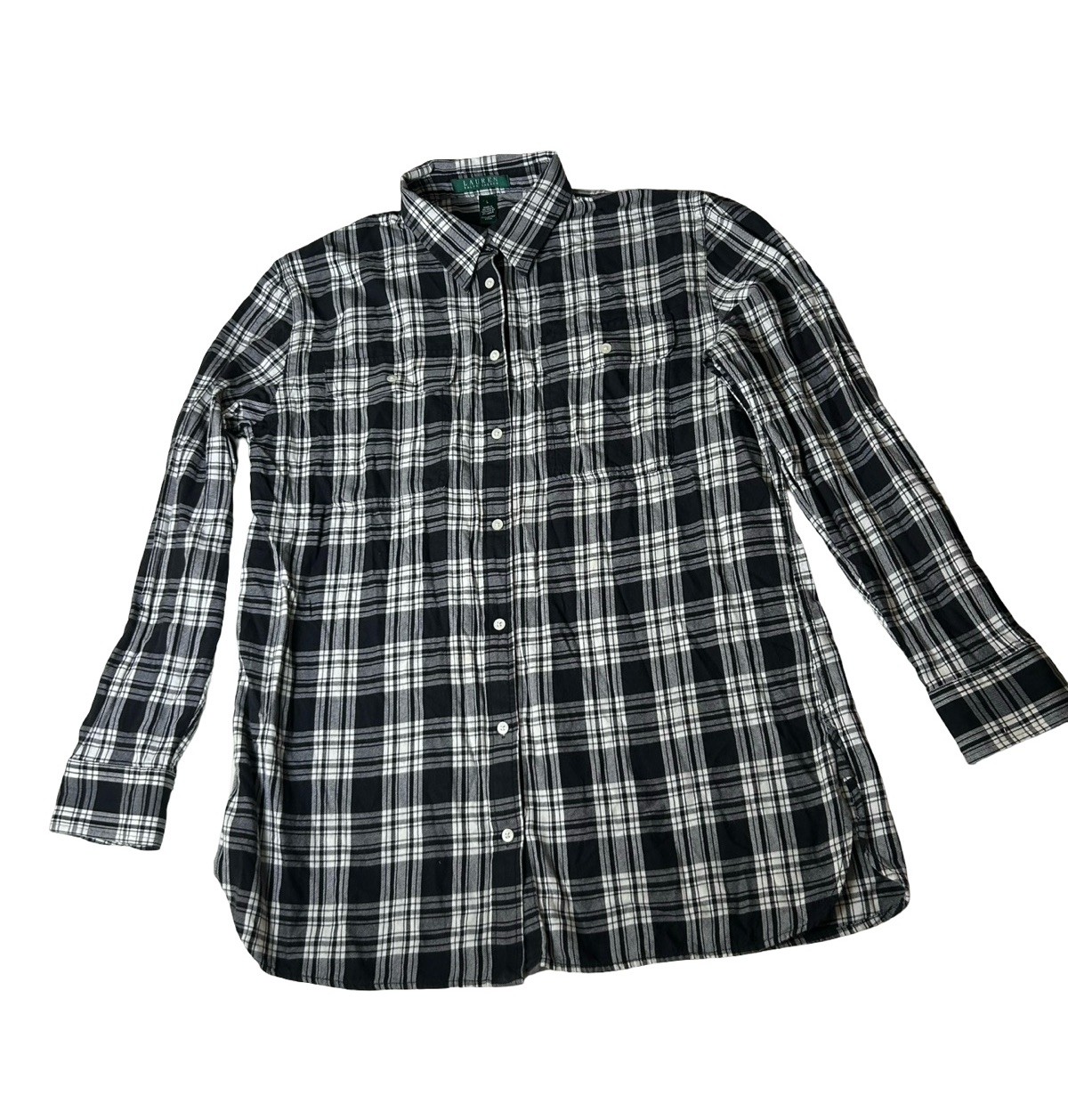 Lauren Ralph Lauren Plaid Button Down Shirt Women Size Large Black Long Sleeve