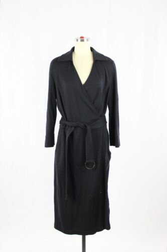 AKRIS PUNTO Black 100% Wool Knit V-Neck Belted Tab Sleeve Wrap Dress, Size 14