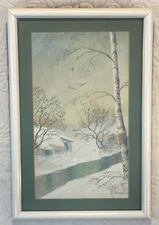 ANTIQUE WATERCOLOR LISTED ARTIST GULBRAND SETHER PICTURE STREAM BIRCH COTTAGE