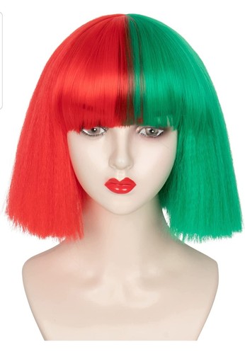 NWT MissUHair Short Kinky Women Half Red/Half Green Costume Party Synthetic Wig - Picture 1 of 14