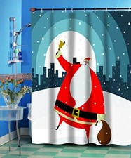 Christmas Bathroom Shower Curtain Santa Claus Winter City Scene Holiday Bath NEW