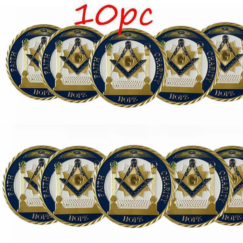 10pc Masonic Freemason Freemasonry Faith Hope Charity Challenge Gold Plate Coin