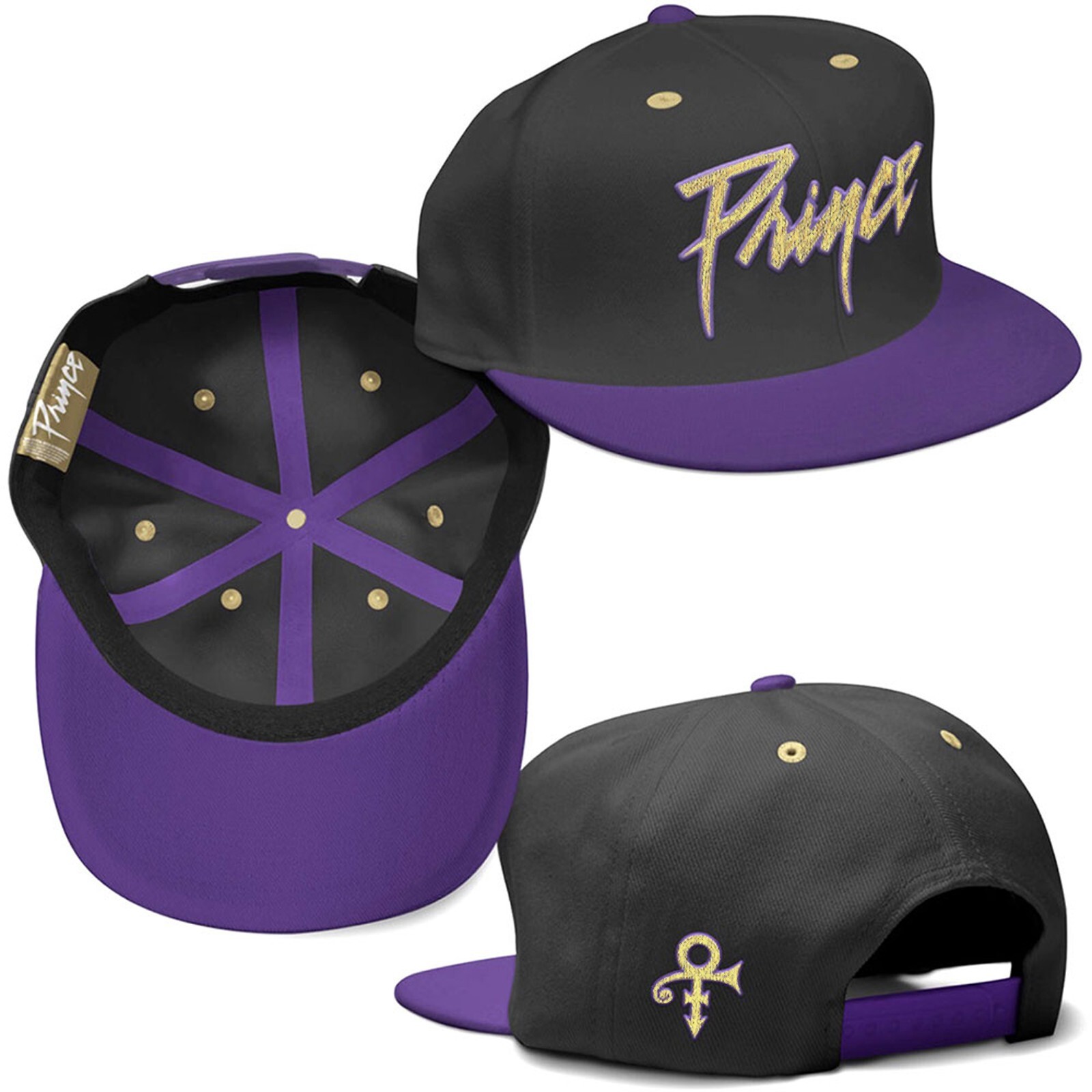 Prince Baseball Cap Gold Logo & Symbol Official Black & Purple Unisex Snap Back