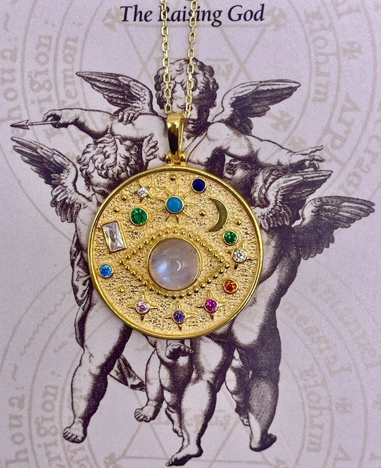 Gold MOONSTONE THIRD EYE Celestial Sterling Silver Necklace,Evil Eye