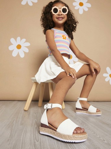 "Mini mi Kids' White Wedge Espadrille Sandals with Ankle Strap, Non-Slip"