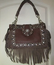 JESSE JAMES - BROWN TOOLED HANDBAG WITH - CRYSTAL ACCENTS - FRINGE #4