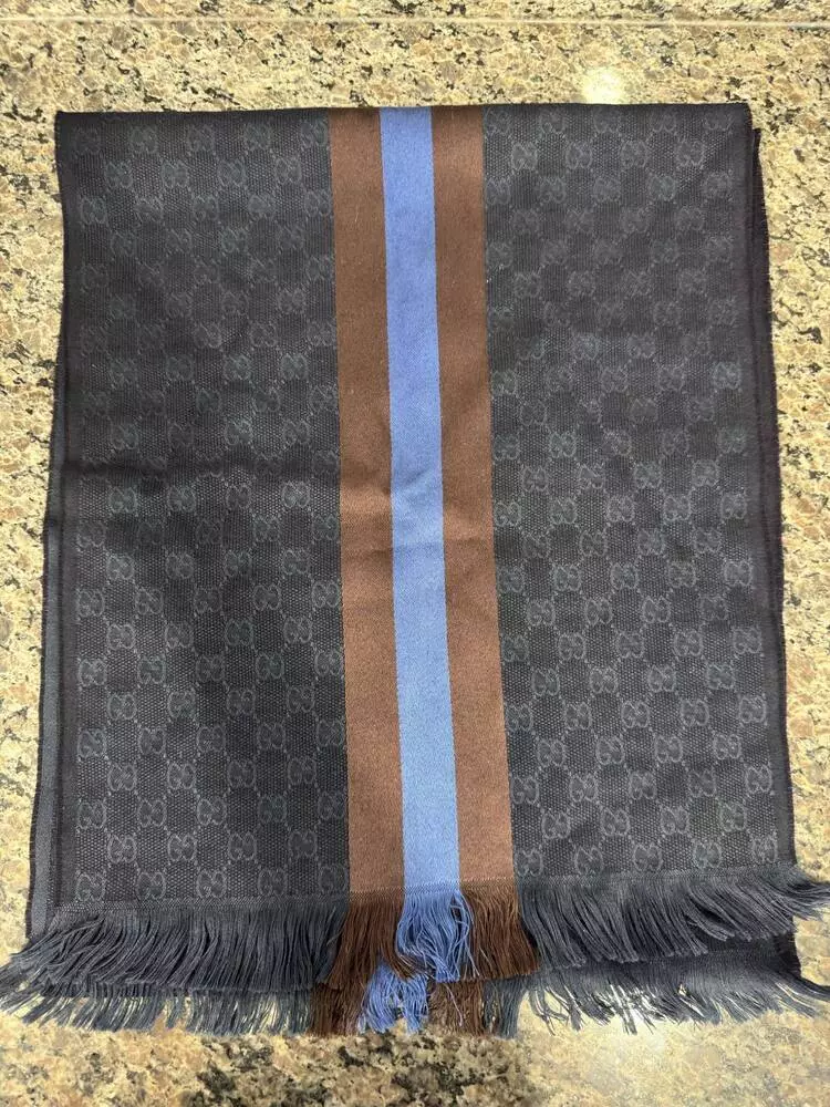 Écharpe en soie Gucci marron/bleu bande toile 14