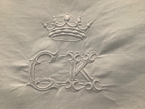 RARE Antique French Linen Pillow Sham Hand Embroidered Crown Coronet Mono CK - Picture 3 of 11
