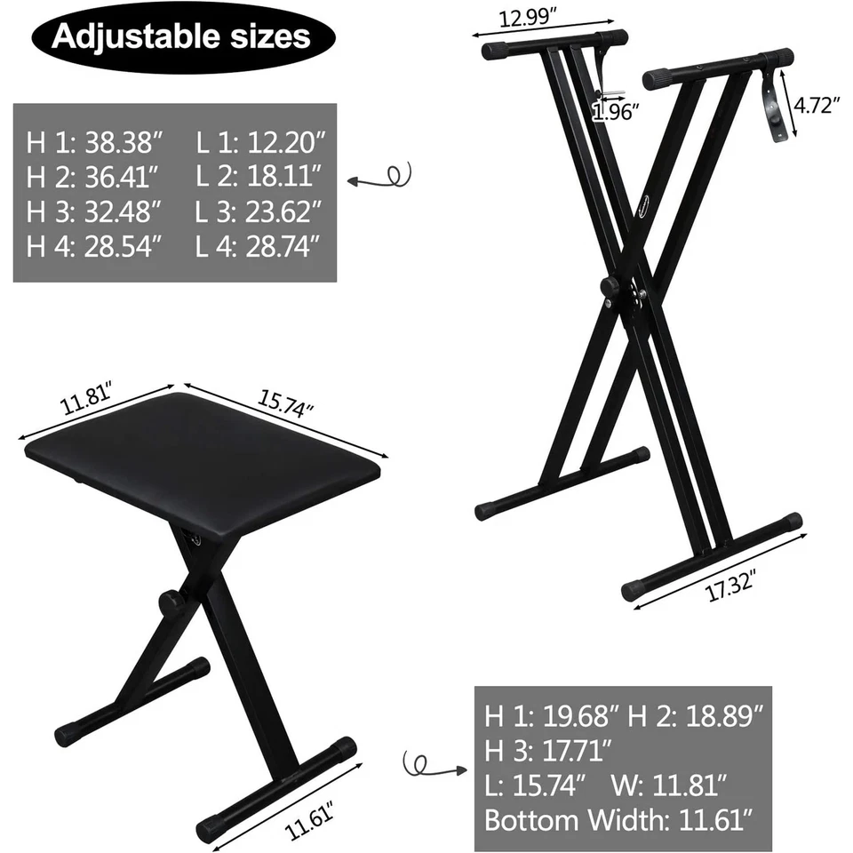 Adjustable Heavy Duty Double Tube Piano Keyboard Stand X Style Piano/ Bench Seat