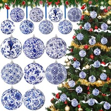 16 Pack Christmas Blue and White Chinoiserie Ball Ornaments 3 Inch Plastic Ha...