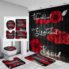 4Pcs Red Rose Shower Curtain Sets, Thankful Grateful Blessed Bathroom Curtain...