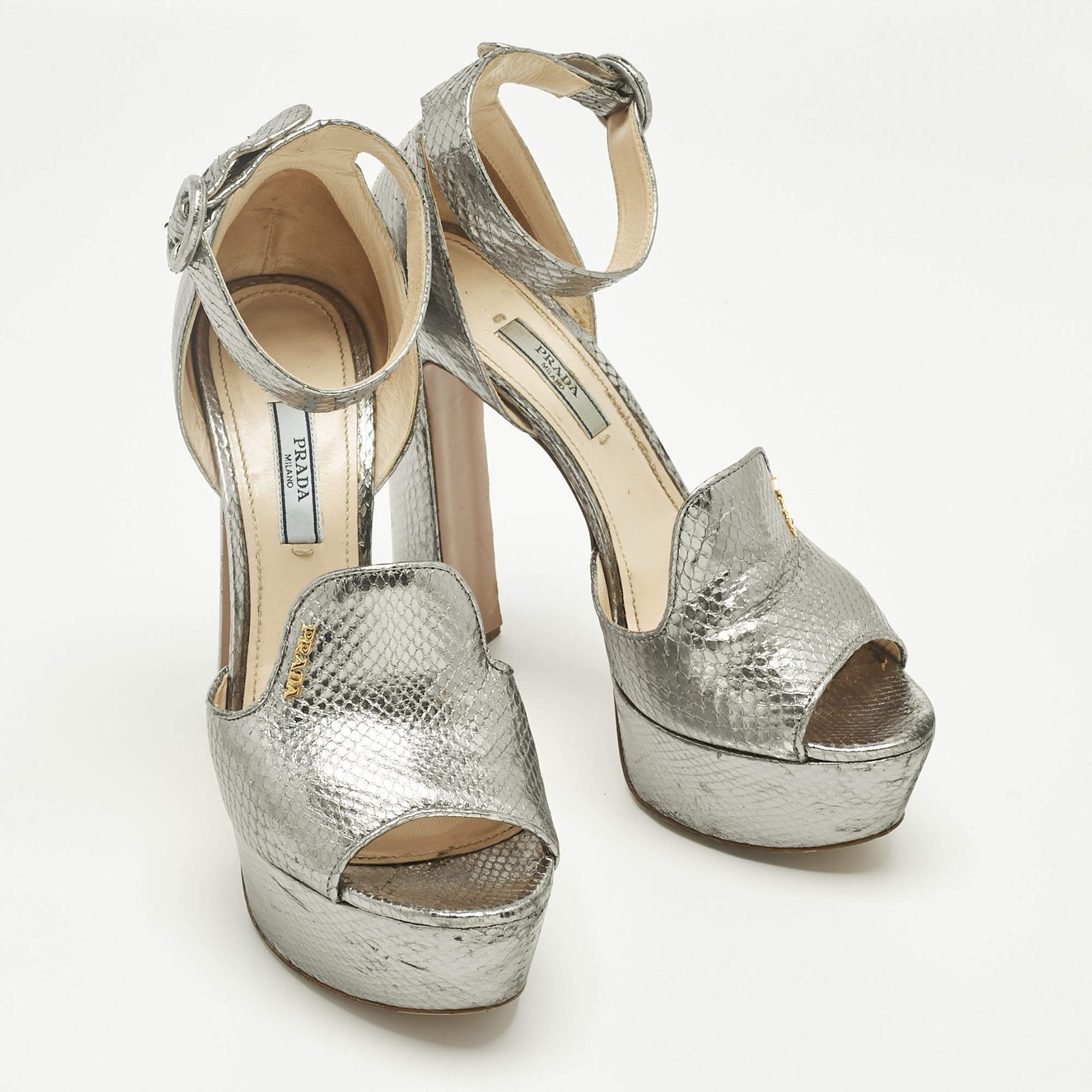 Prada Metallic Silver Python Embossed Leather Ank… - image 4