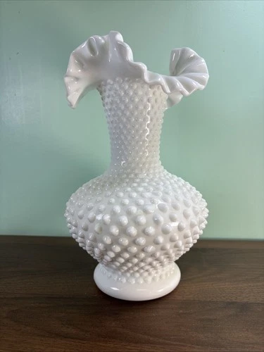 Fenton White Hobnail 10 3/4" high Ruffled Top Vase ~ Beautiful Clean Condition