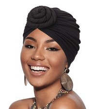 African Women Turban Caps Pre-Tied Twisted One Size, 1 Pack Flower: Black