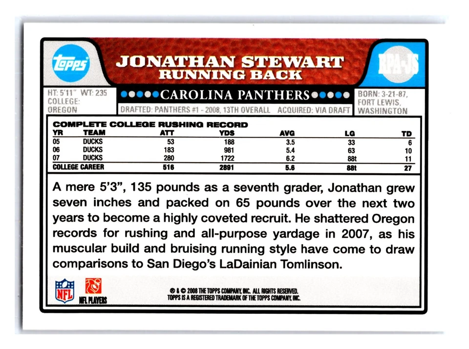 Jonathan Stewart 2008 Topps NFL Rookie Premiere Autograph Red #RPA-JS  Panthers - Image 2 of 2
