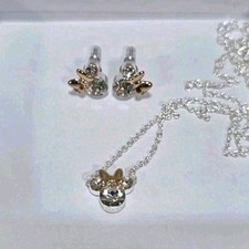 DISNEY Crystal MINNIE MOUSE Necklace Stud Earring Matching Set Silver Plated NIB