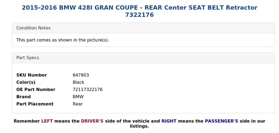 BMW 428I 2015-2016 gran cupé - retractor de cinturón de seguridad central trasero 7322176 Foto 4 de 4