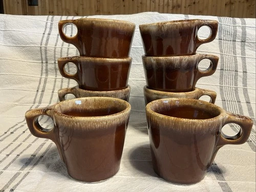 Vintage Hull Pottery Brown Drip Glaze Oven Proof Coffee Mug Set Of 8