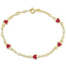 Amour Pink Enamel Heart Charm Link Chain Station Bracelet in 14k Yellow Gold - 7