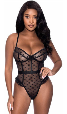 MAGIC SILK-Exposed Love Star High Leg Ruffle Teddy Chartreuse BLACK | S/M |