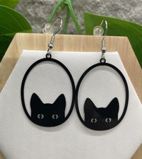 2 Silver-Tone Black Cat Earring Set Dangle Drop New Free Ship A4600