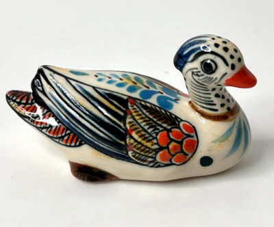 Erandi Tonala Duck Figurine Pato Mexican Pottery Signed 2''x4'' Blue Teal Goose