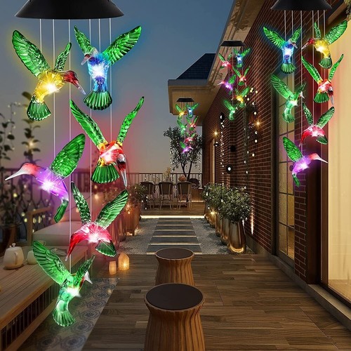 Solar LED Wind Chimes Hanging Lamp Outdoor Garden Colorful Butterfly Bird Sun - Picture 2 of 21