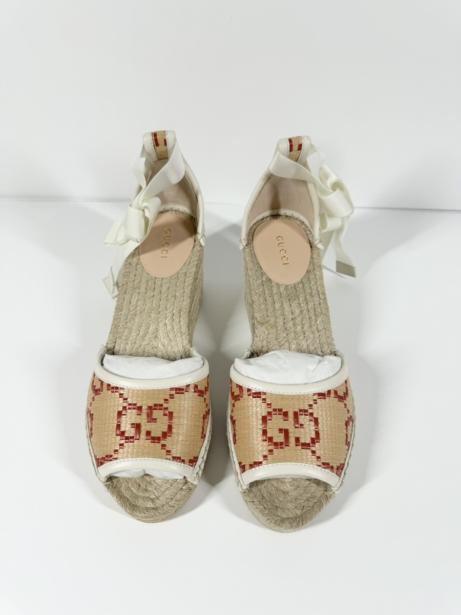 GUCCI GG RAFFIA ESPADRILLES WEDGE SANDALS WOMENS 38.5 US 8.5